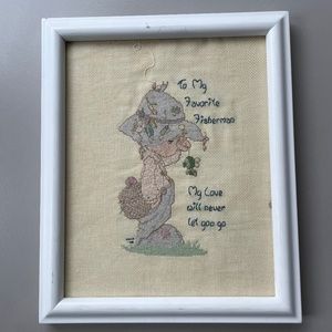 VTG Precious Moments Fisherman Completed Framed Cross Stitch